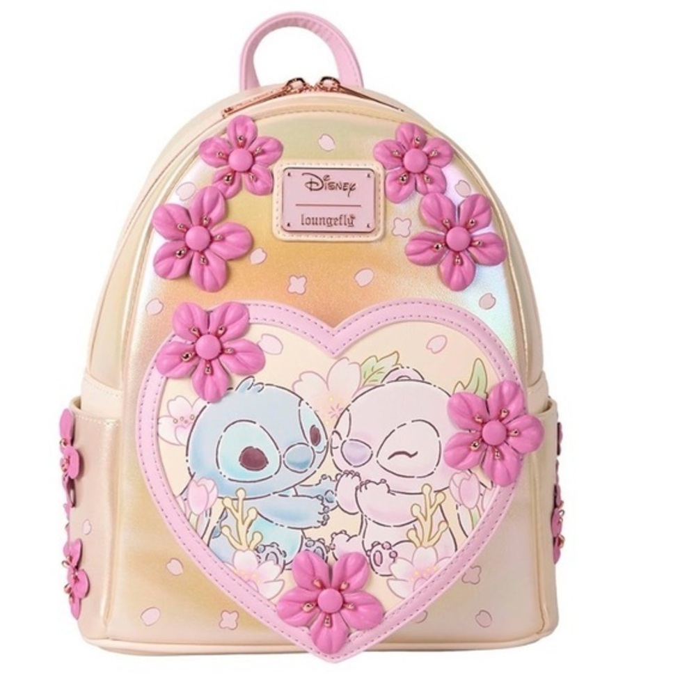 Disney Loungefly Stitch & Angel Cherry Blossom Heart Mini Backpack NWOT.